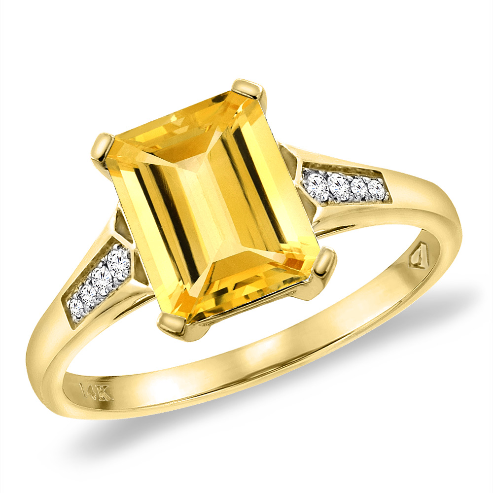 14K Yellow Gold Natural Citrine Ring 9x7 mm Octagon with Diamond Accent, sizes 5 -10