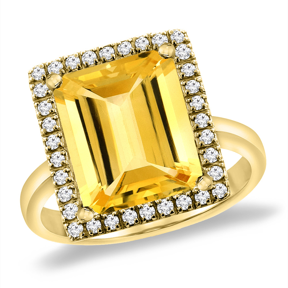 14K Yellow Gold Natural Citrine Ring Diamond Accent 12x10 mm Octagon, sizes 5 -10