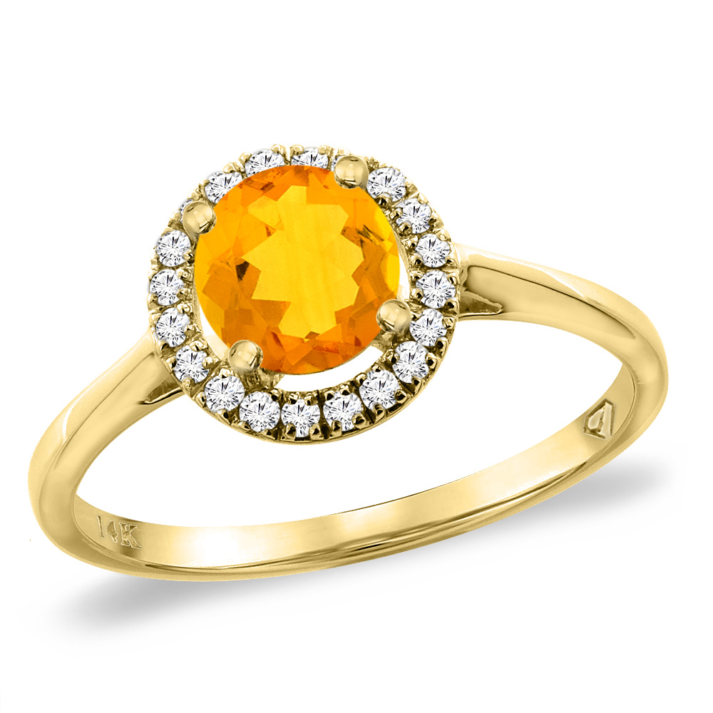 14K Yellow Gold Diamond Halo Natural Citrine Engagement Ring Round 6 mm, sizes 5 -10