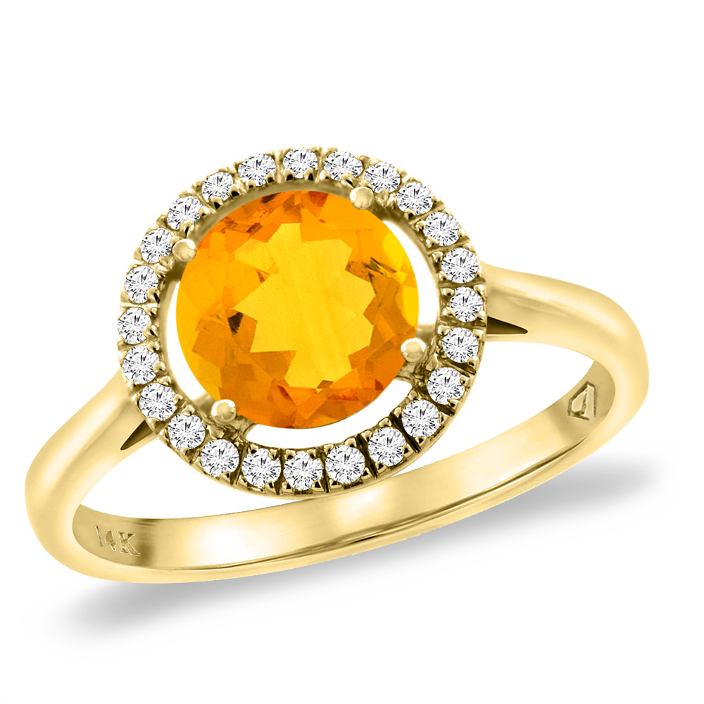 14K Yellow Gold Natural Citrine Halo Engagement Ring Round 8 mm, sizes 5 -10