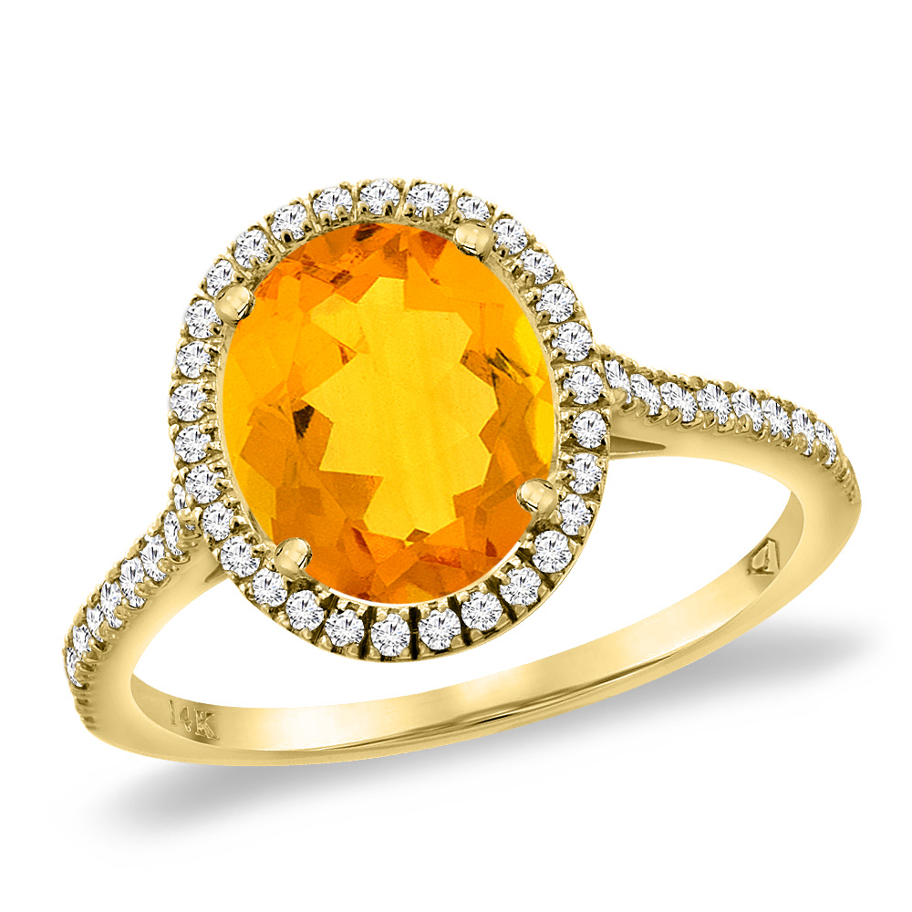14K Yellow Gold Natural Citrine Diamond Halo Engagement Ring 10x8 mm Oval, sizes 5 -10