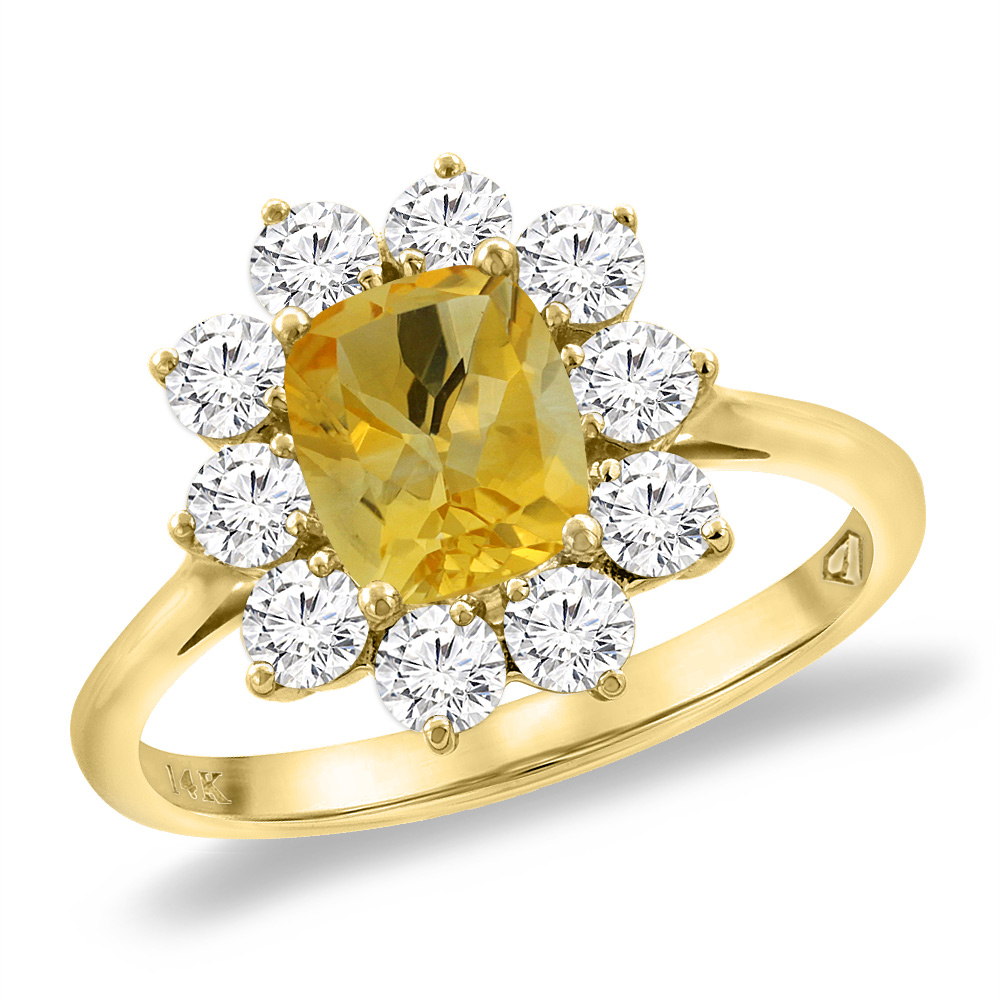 14K Yellow Gold Diamond Natural Citrine Engagement Ring 8x6 mm Cushion, sizes 5 -10