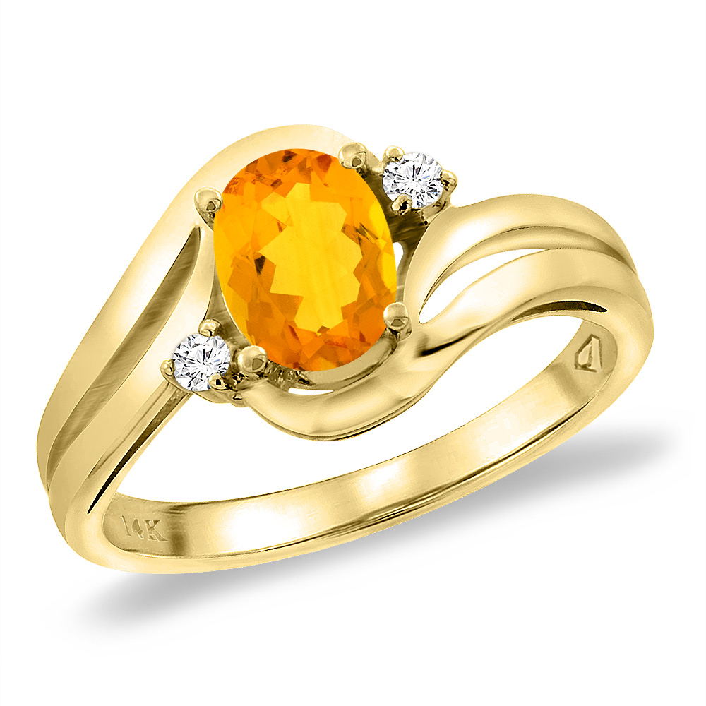 14K Yellow Gold Diamond Natural Citrine Bypass Engagement Ring Oval 8x6 mm, sizes 5 -10