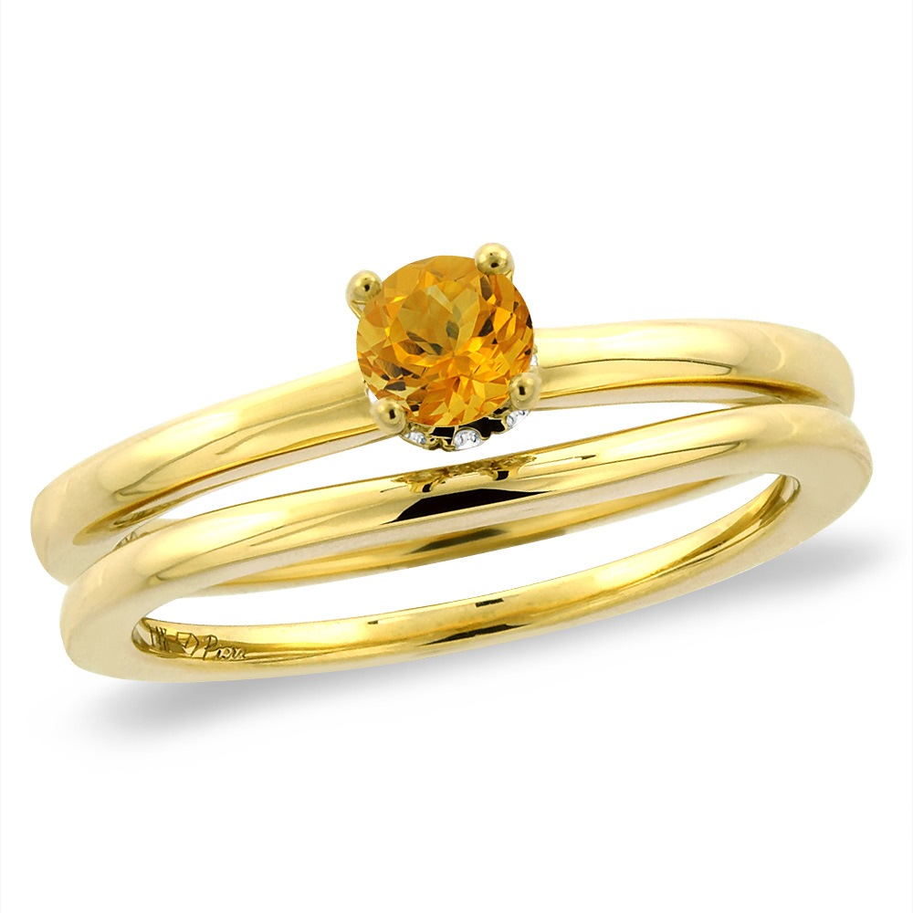 14K Yellow Gold Diamond Natural Citrine 2pc Solitaire Engagement Ring Set Round 6 mm, sizes 5-10