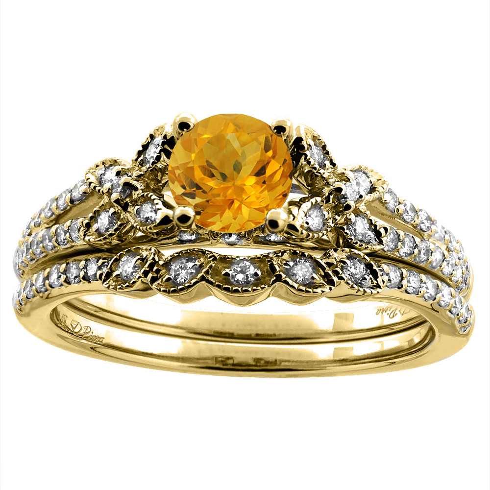 14K Yellow Gold Floral Diamond Natural Citrine 2pc Engagement Ring Set Round 5 mm, sizes 5-10
