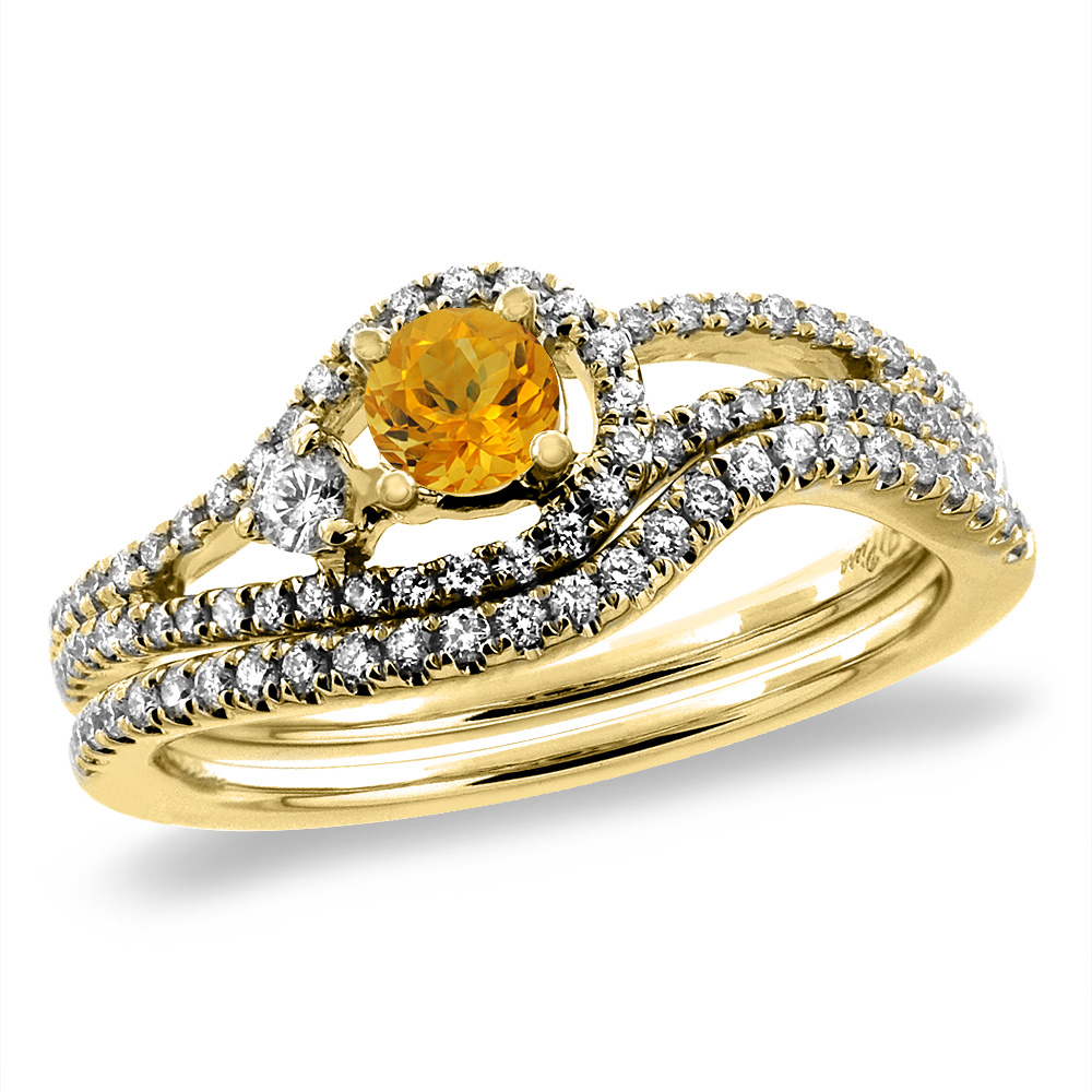 14K Yellow Gold Diamond Natural Citrine 2pc Engagement Ring Set Round 5 mm, sizes 5-10