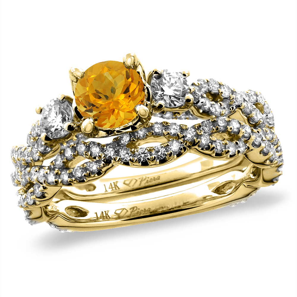 14K Yellow Gold Diamond Natural Citrine 2pc Infinity Engagement Ring Set Round 5 mm, sizes 5-10