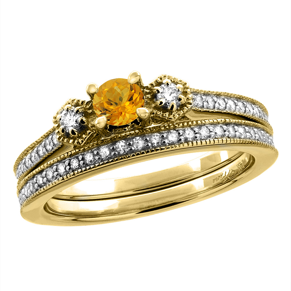 14K Yellow Gold Diamond Natural Citrine 2pc Engagement Ring Set Round 4 mm, sizes 5 - 10