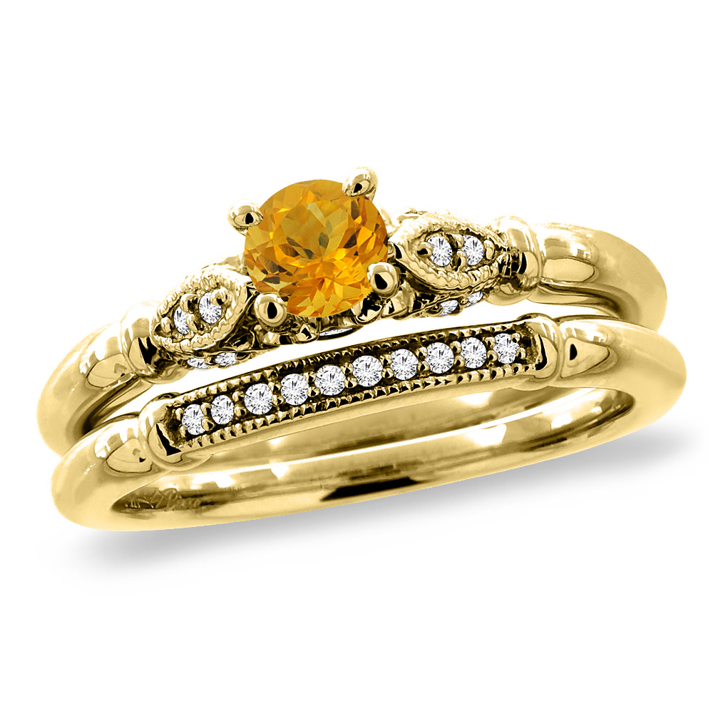 14K Yellow Gold Diamond Natural Citrine 2pc Engagement Ring Set Round 4 mm, sizes 5 - 10