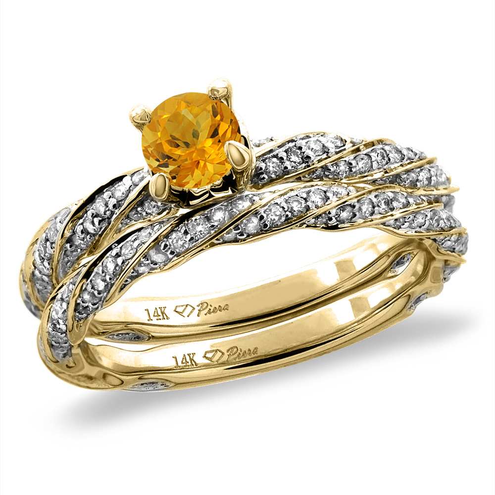 14K Yellow Gold Diamond Natural Citrine 2pc Twisted Engagement Ring Set Round 4 mm, size5-10