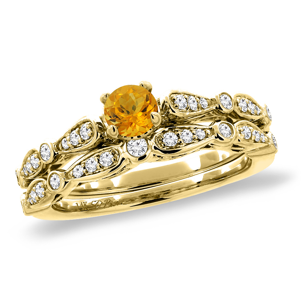 14K Yellow Gold Diamond Natural Citrine 2pc Engagement Ring Set Round 4 mm, size5-10