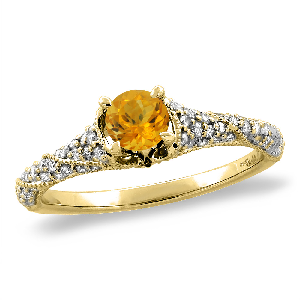 14K Yellow Gold Diamond Natural Citrine Engagement Ring Round 4 mm, sizes 5 -10