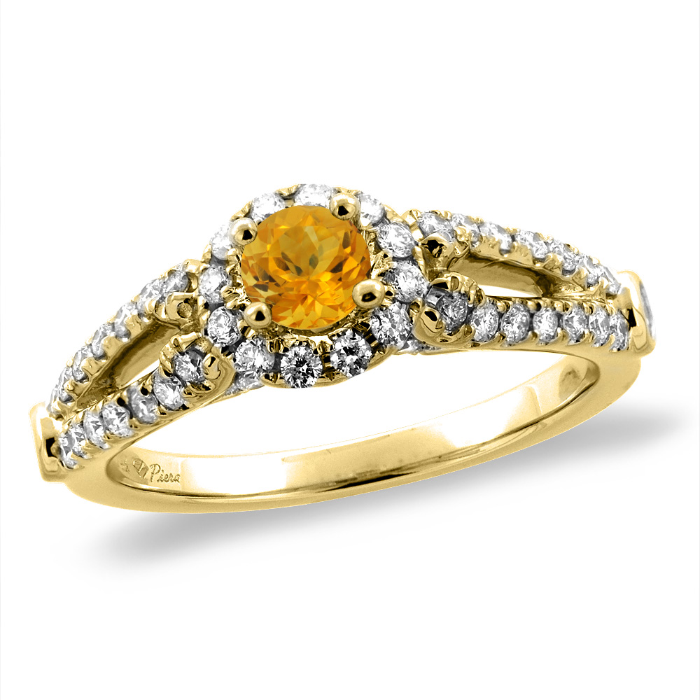 14K Yellow Gold Diamond Natural Citrine Halo Engagement Ring Round 4 mm, sizes 5 -10