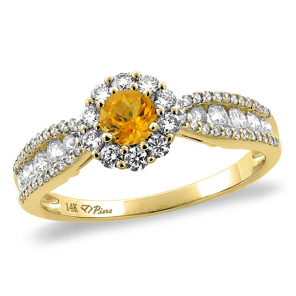 14K Yellow Gold Natural Citrine Halo Engagement Ring Round 4 mm, sizes 5 -10