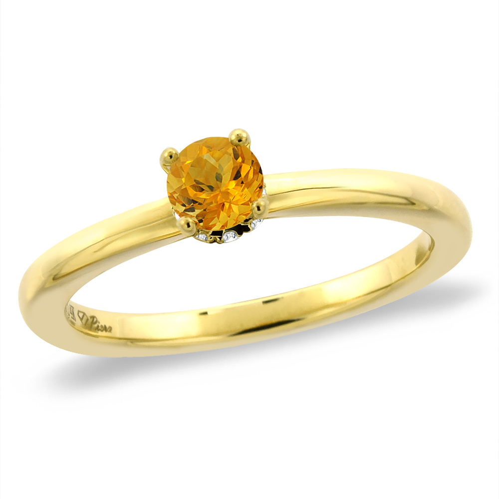 14K Yellow Gold Diamond Natural Citrine Solitaire Engagement Ring Round 6 mm, sizes 5 -10