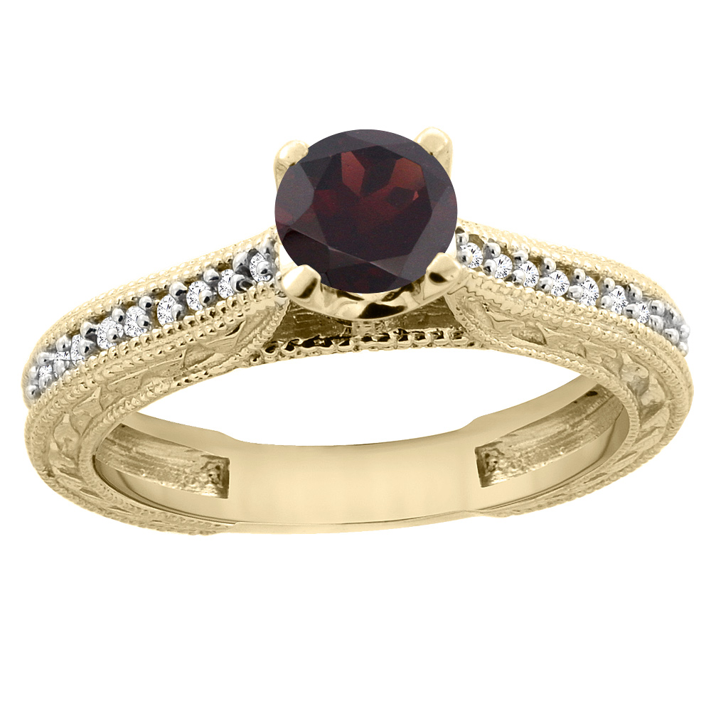 14K Yellow Gold Natural Garnet Round 5mm Engraved Engagement Ring Diamond Accents, sizes 5 - 10