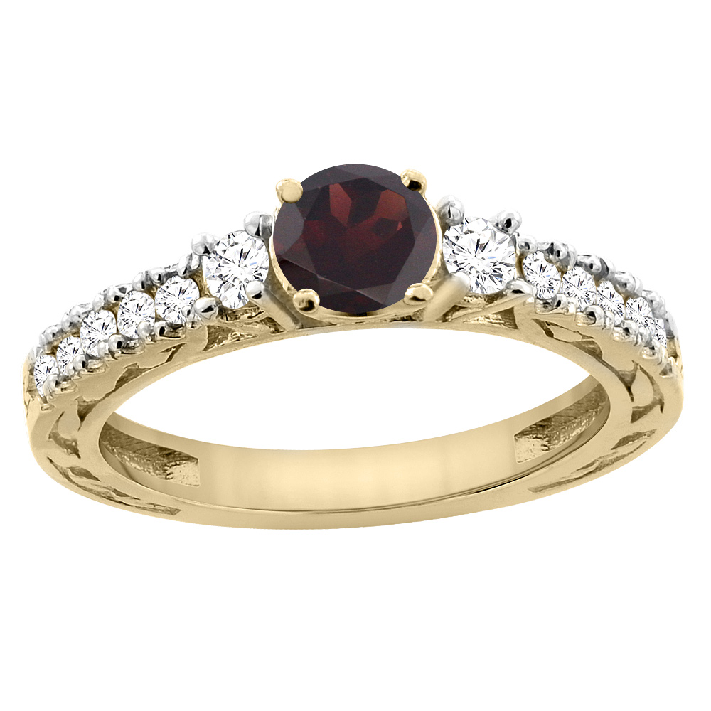 14K Yellow Gold Natural Garnet Round 6mm Engraved Engagement Ring Diamond Accents, sizes 5 - 10