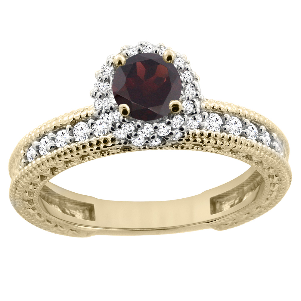 14K Yellow Gold Natural Garnet Round 5mm Engagement Ring Diamond Accents, sizes 5 - 10