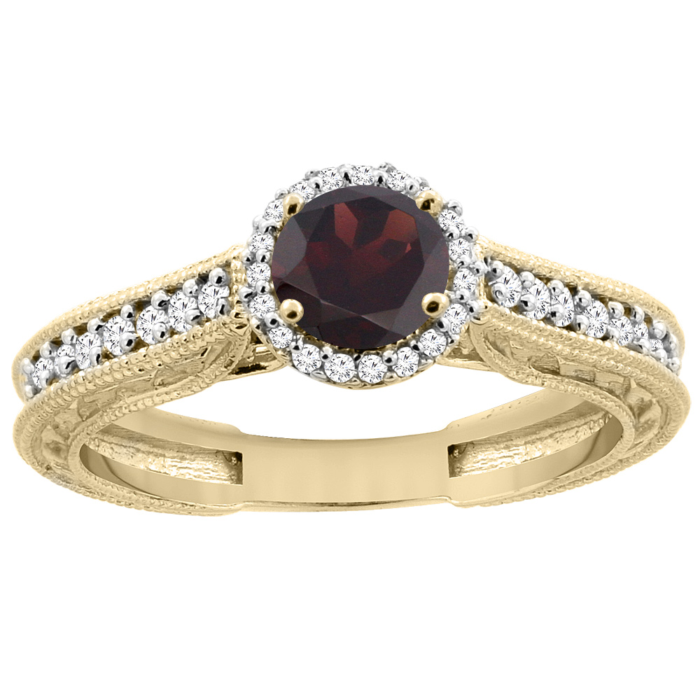 14K Yellow Gold Natural Garnet Round 5mm Engraved Engagement Ring Diamond Accents, sizes 5 - 10