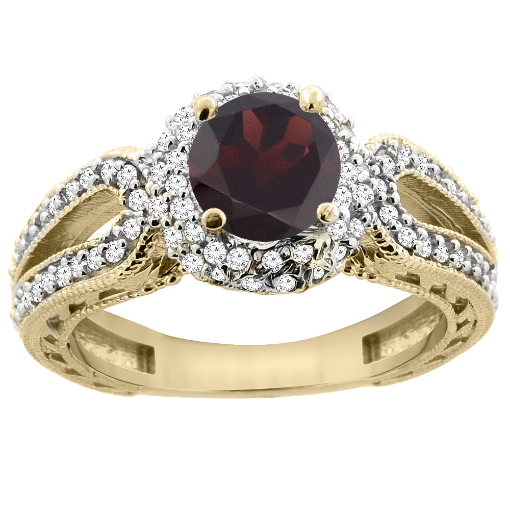 14K Yellow Gold Natural Garnet Engagement Ring Round 6mm Engraved Split Shank Diamond Accents, sizes 5 - 10