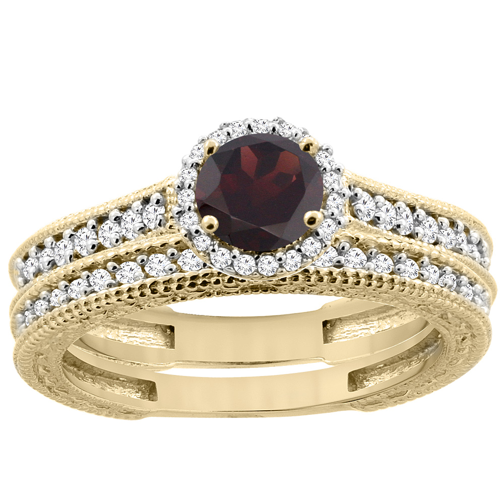 14K Yellow Gold Natural Garnet Round 5mm Engagement Ring 2-piece Set Diamond Accents, sizes 5 - 10