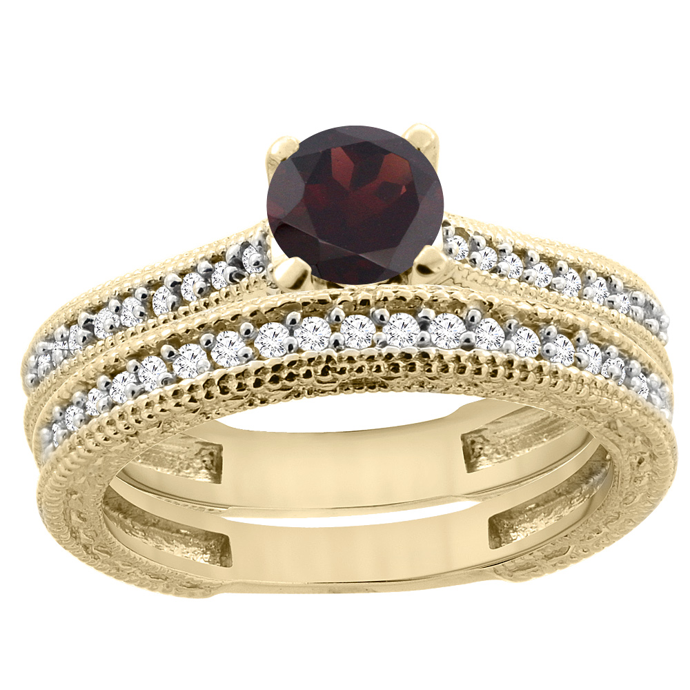 14K Yellow Gold Natural Garnet Round 5mm Engraved Engagement Ring 2-piece Set Diamond Accents, sizes 5 - 10