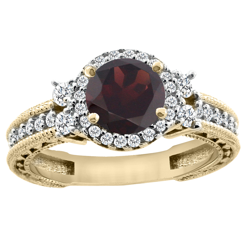 14K Yellow Gold Natural Garnet Halo Engagement Ring Round 6mm Diamond Accents, sizes 5 - 10