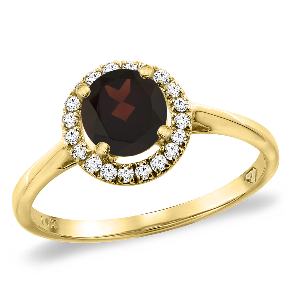 14K Yellow Gold Diamond Halo Natural Garnet Engagement Ring Round 6 mm, sizes 5 -10
