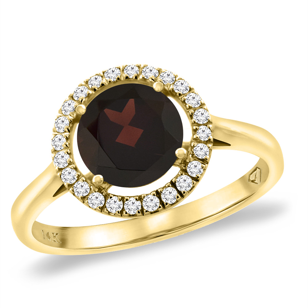 14K Yellow Gold Natural Garnet Halo Engagement Ring Round 8 mm, sizes 5 -10