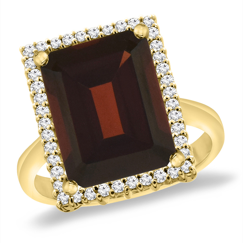 14K Yellow Gold Natural Garnet Ring Diamond Accent 14x10 mm Octagon, sizes 5 -10