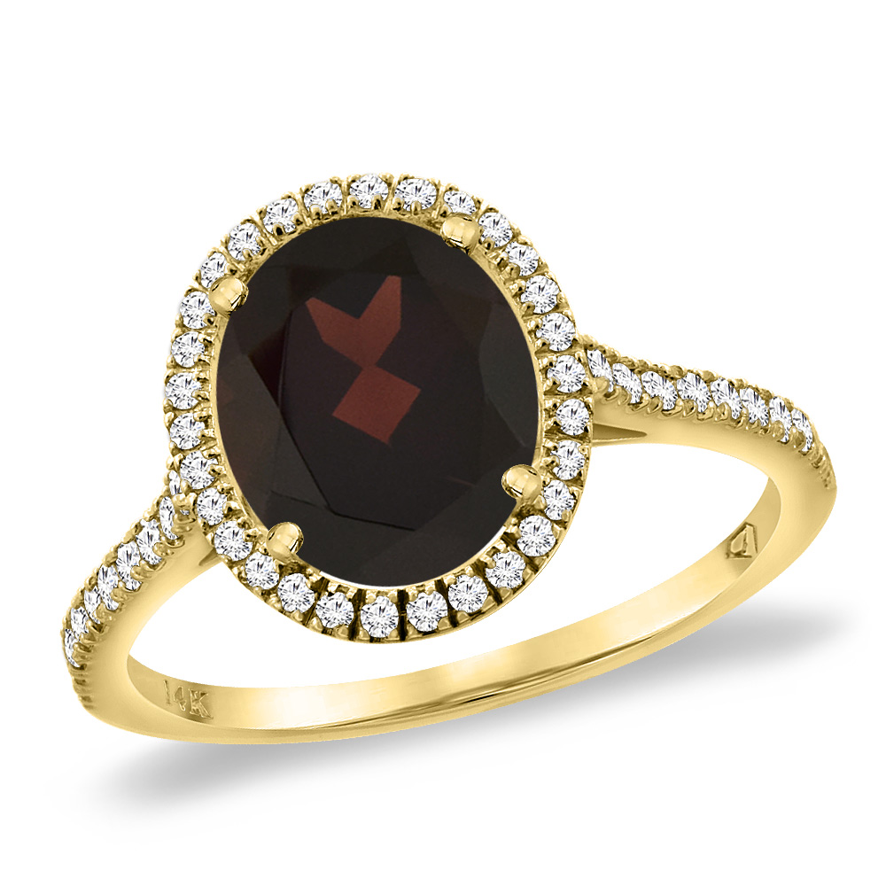 14K Yellow Gold Natural Garnet Diamond Halo Engagement Ring 10x8 mm Oval, sizes 5 -10