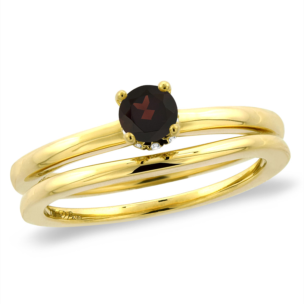 14K Yellow Gold Diamond Natural Garnet 2pc Solitaire Engagement Ring Set Round 6 mm, sizes 5-10
