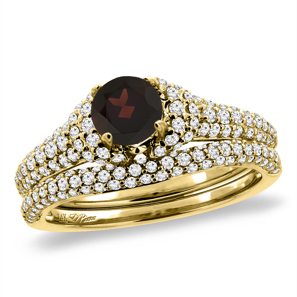 14K Yellow Gold Diamond Natural Garnet 2pc Engagement Ring Set Round 5 mm, sizes 5-10