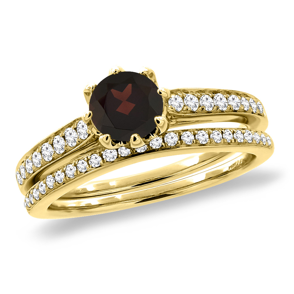 14K Yellow Gold Diamond Natural Garnet 2pc Engagement Ring Set Round 5 mm, sizes 5-10