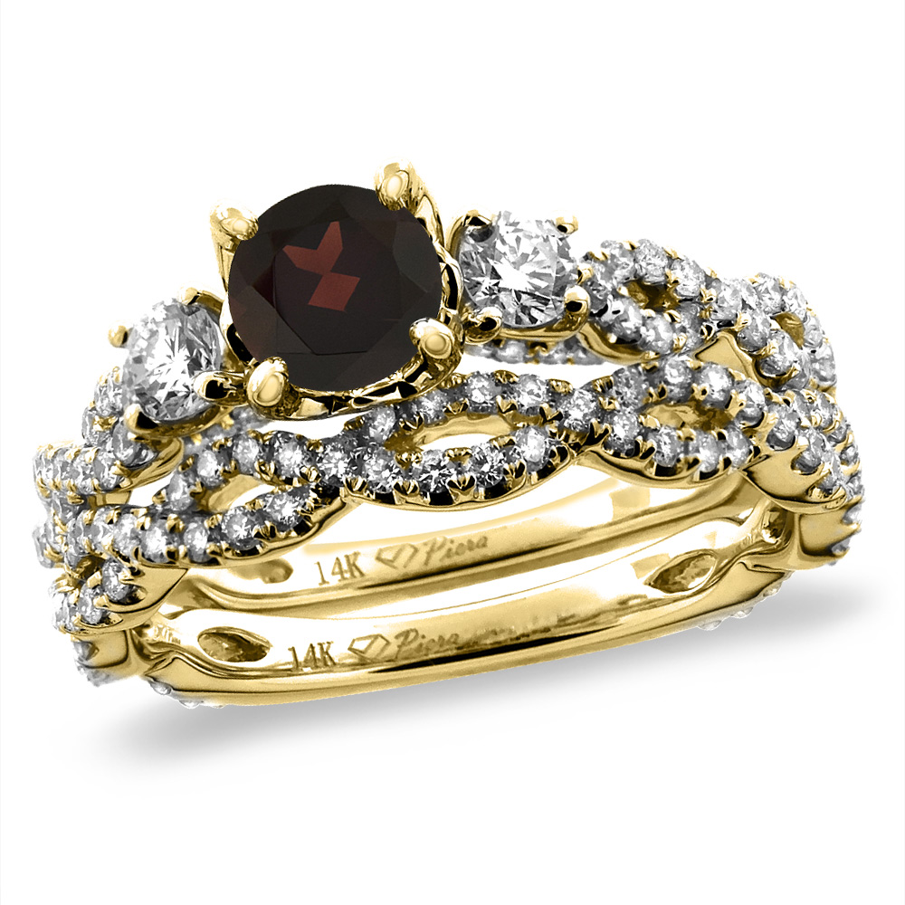 14K Yellow Gold Diamond Natural Garnet 2pc Infinity Engagement Ring Set Round 5 mm, sizes 5-10
