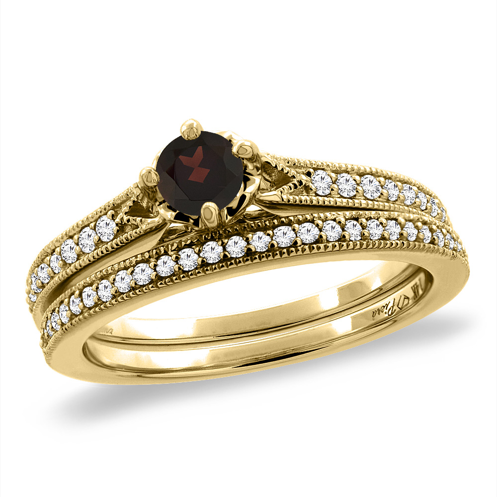 14K Yellow Gold Diamond Natural Garnet 2pc Engagement Ring Set Round 4 mm, sizes 5 - 10