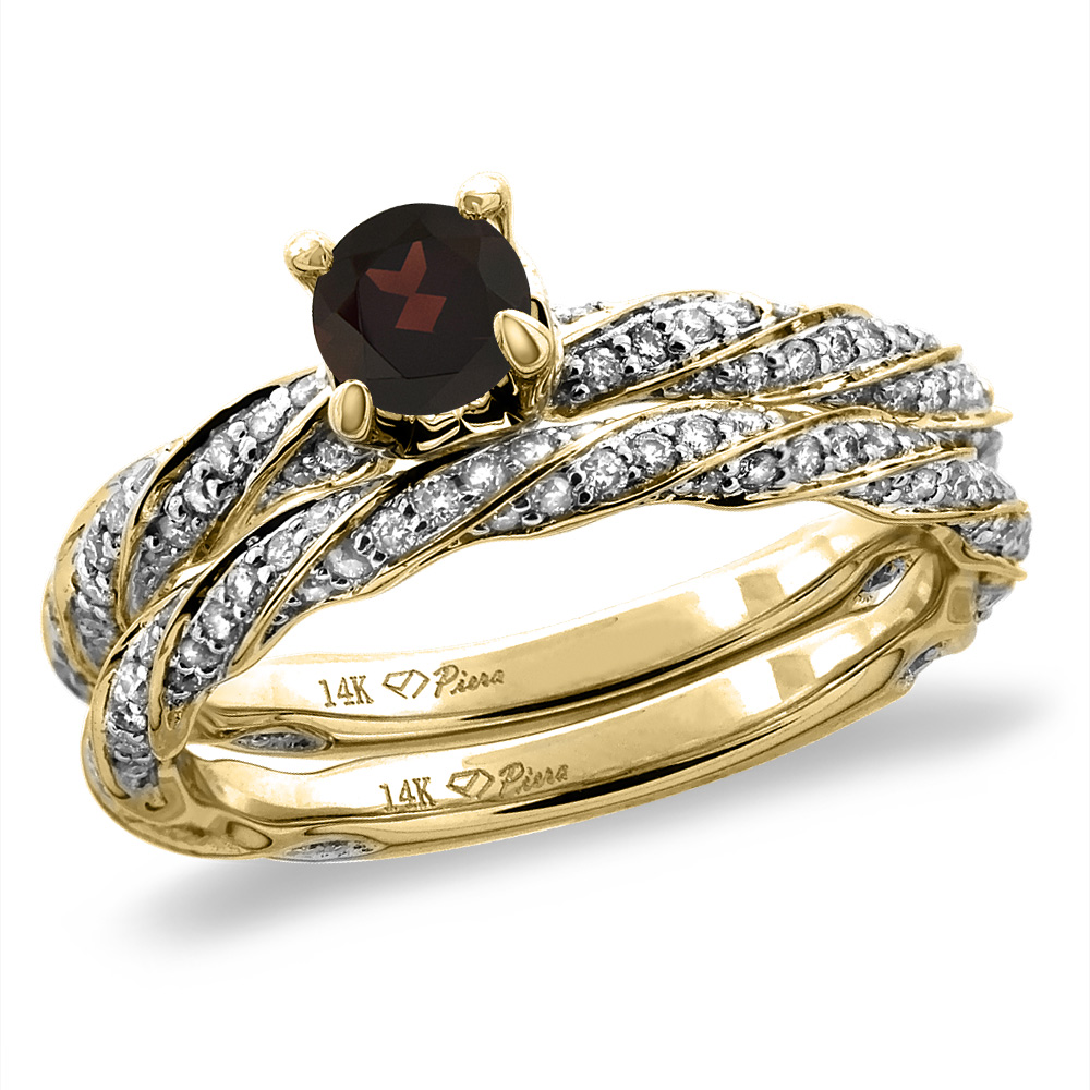 14K Yellow Gold Diamond Natural Garnet 2pc Twisted Engagement Ring Set Round 4 mm, size5-10