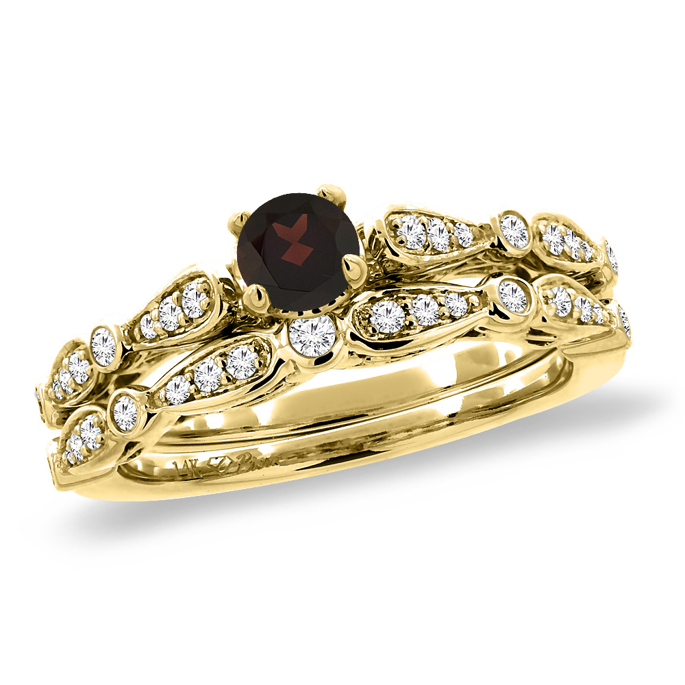 14K Yellow Gold Diamond Natural Garnet 2pc Engagement Ring Set Round 4 mm, size5-10