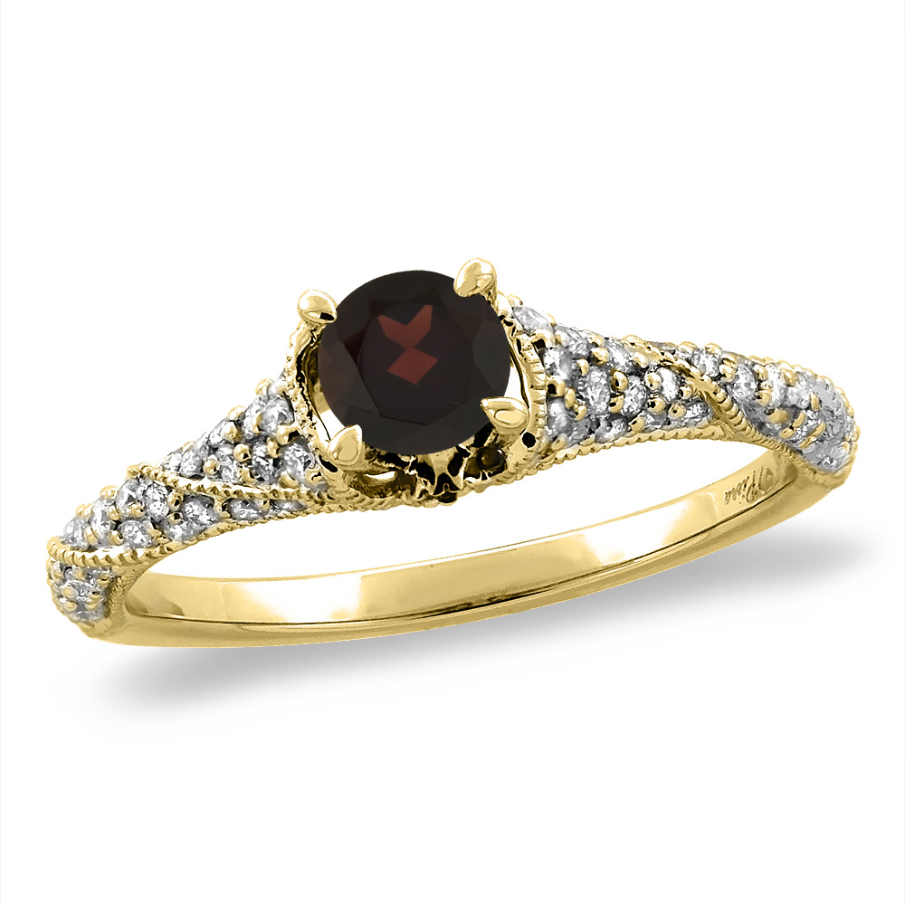 14K Yellow Gold Diamond Natural Garnet Engagement Ring Round 4 mm, sizes 5 -10