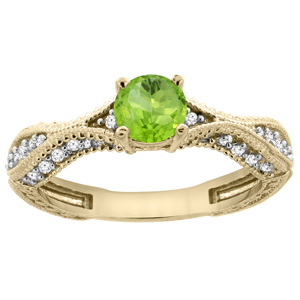 14K Yellow Gold Natural Peridot Round 5mm Engraved Engagement Ring Diamond Accents, sizes 5 - 10