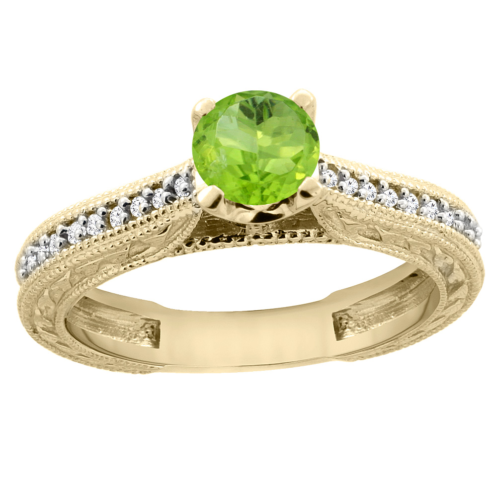 14K Yellow Gold Natural Peridot Round 5mm Engraved Engagement Ring Diamond Accents, sizes 5 - 10