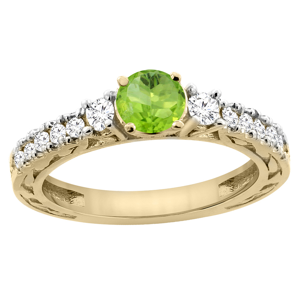 14K Yellow Gold Natural Peridot Round 6mm Engraved Engagement Ring Diamond Accents, sizes 5 - 10