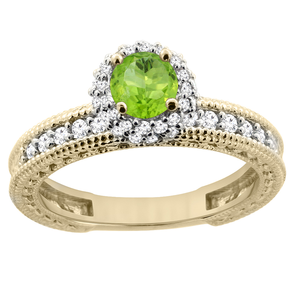14K Yellow Gold Natural Peridot Round 5mm Engagement Ring Diamond Accents, sizes 5 - 10