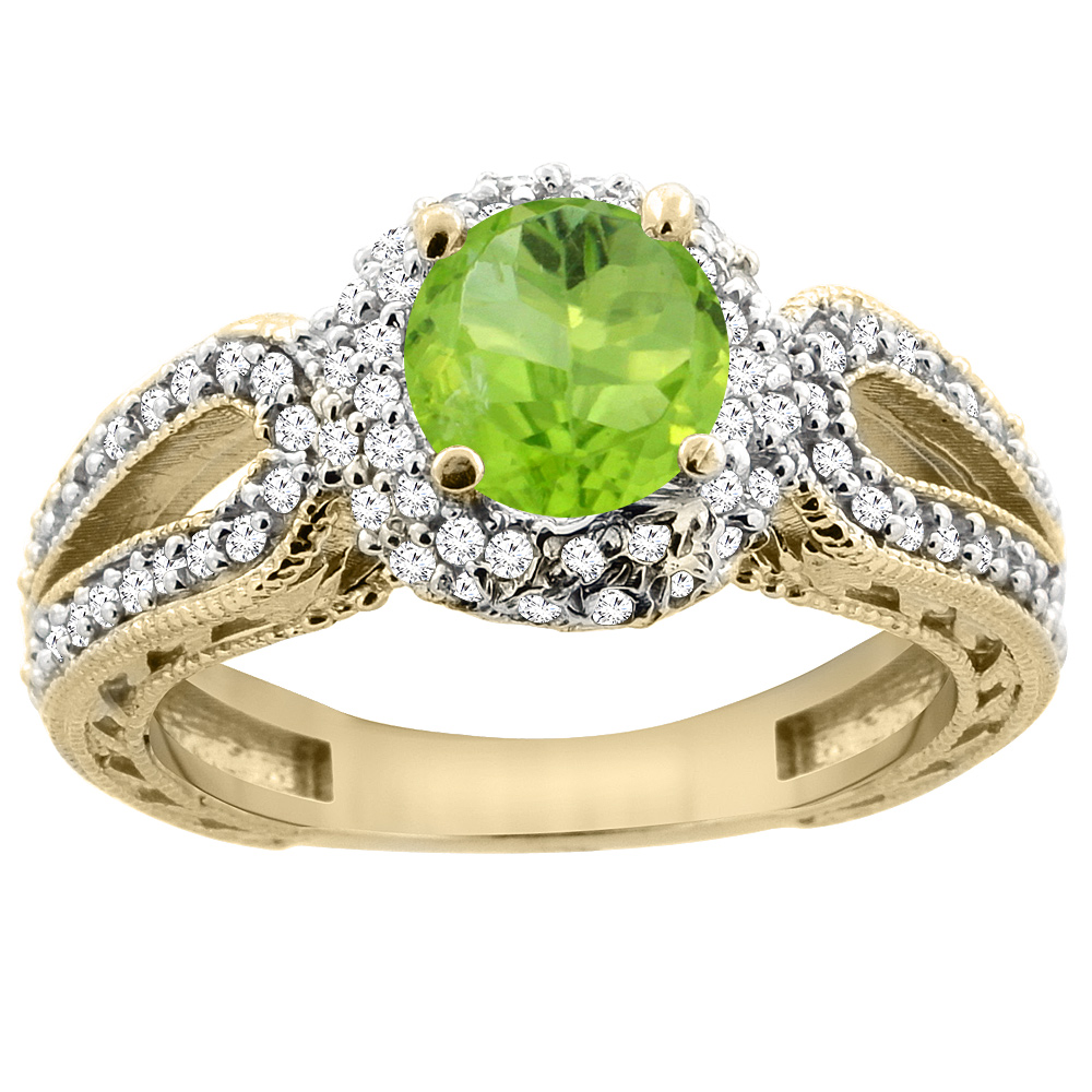 14K Yellow Gold Natural Peridot Engagement Ring Round 6mm Engraved Split Shank Diamond Accents, sizes 5 - 10