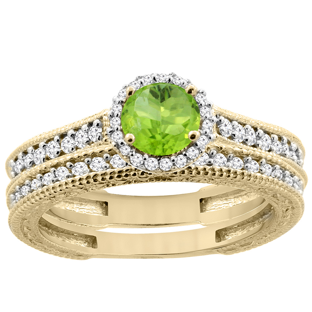14K Yellow Gold Natural Peridot Round 5mm Engagement Ring 2-piece Set Diamond Accents, sizes 5 - 10