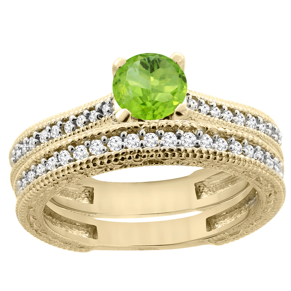 14K Yellow Gold Natural Peridot Round 5mm Engraved Engagement Ring 2-piece Set Diamond Accents, sizes 5 - 10