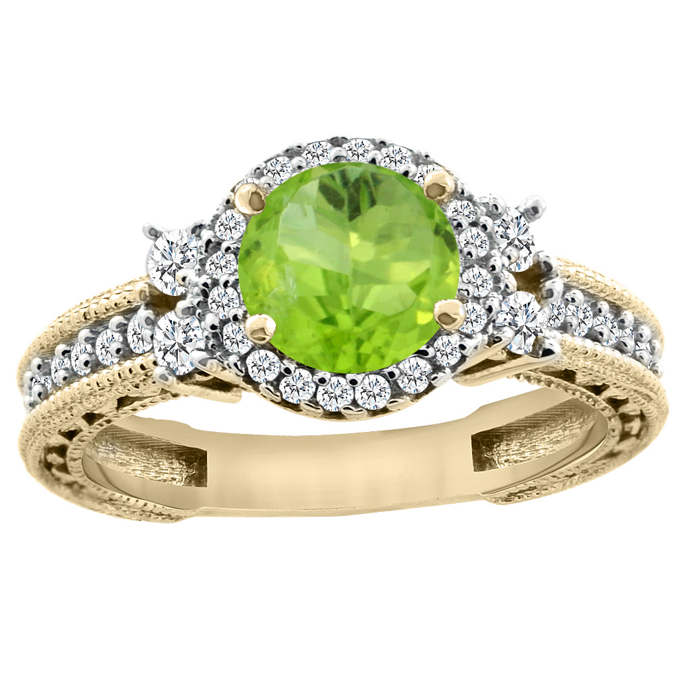 14K Yellow Gold Natural Peridot Halo Engagement Ring Round 6mm Diamond Accents, sizes 5 - 10