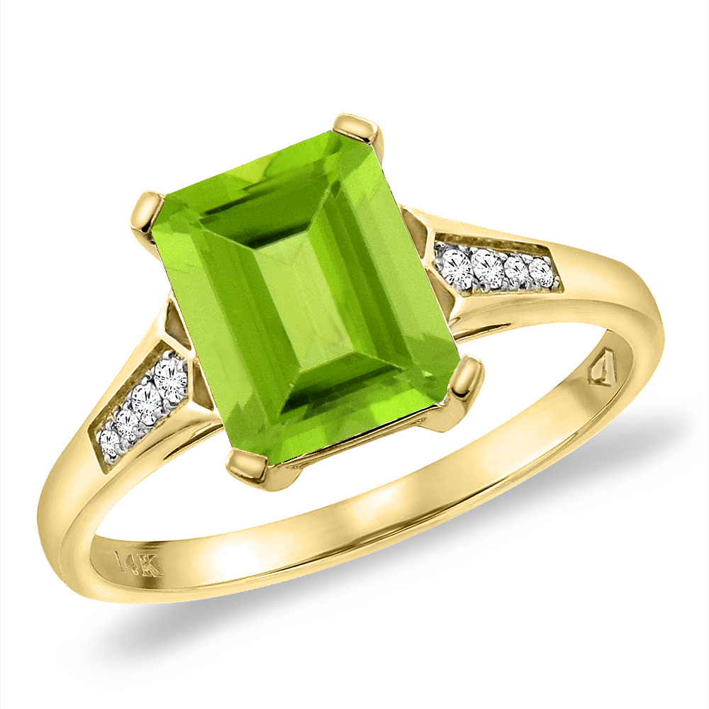 14K Yellow Gold Natural Peridot Ring 9x7 mm Octagon with Diamond Accent, sizes 5 -10