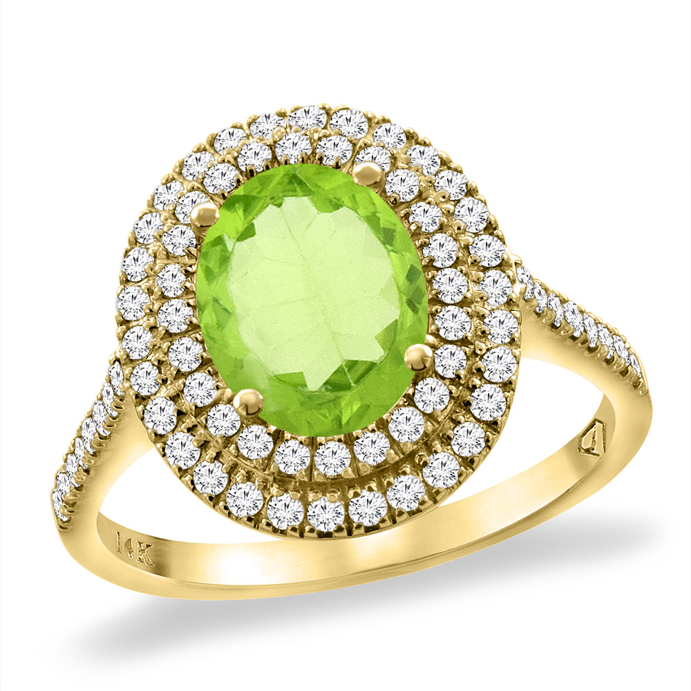14K Yellow Gold Natural Peridot Two Halo Diamond Engagement Ring 9x7 mm Oval, sizes 5 -10