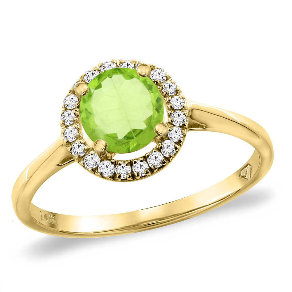 14K Yellow Gold Diamond Halo Natural Peridot Engagement Ring Round 6 mm, sizes 5 -10